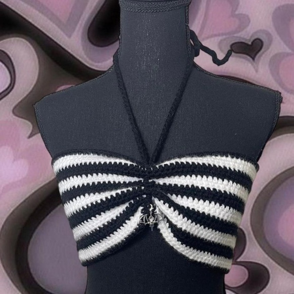 crocheted bandeau top with cinched middle, neck ties, and corset back